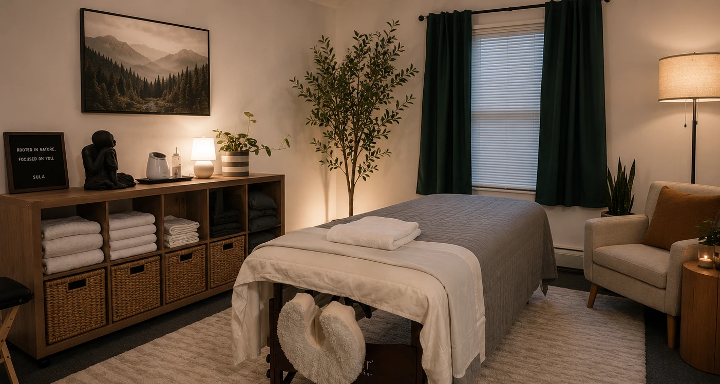 Sula Massage Therapy studio with treatment table, storage, tall plant, curtains, and chair seating